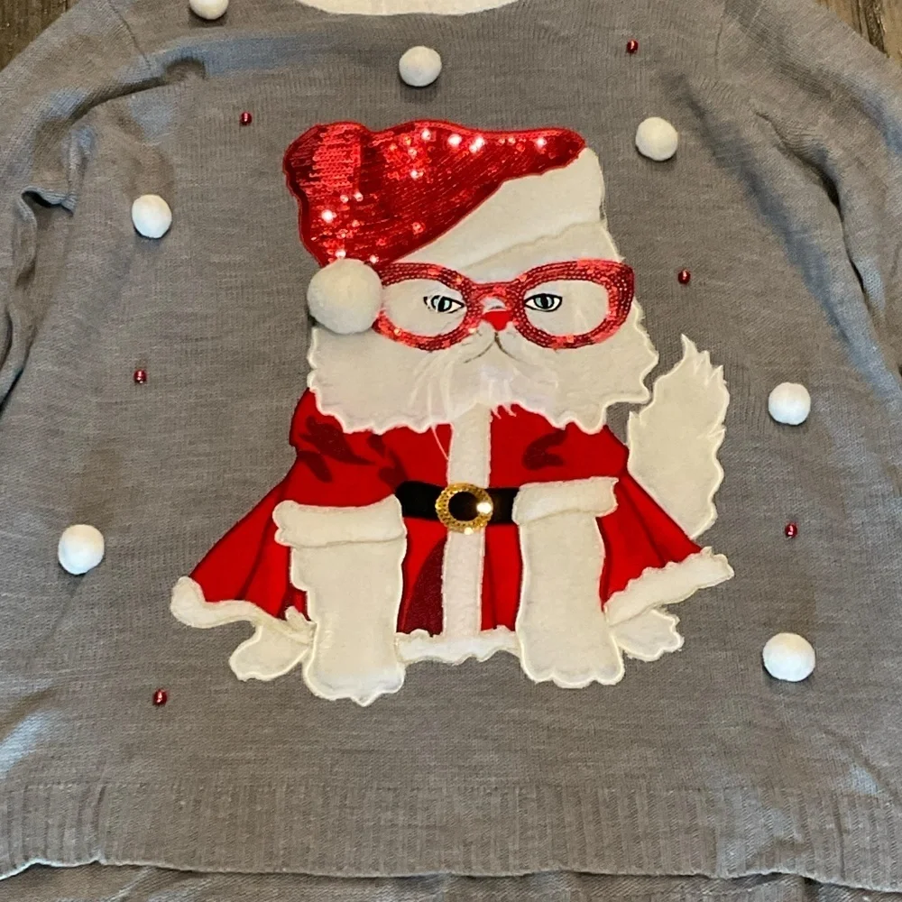 🎄❤️ Holiday Time Sequined Christmas Kitty Sweater Plus Size 1X